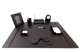 Настольный набор из кожи для руководителя S31-1V BL ( 10 предметов) с большой подложкой на стол и часами
